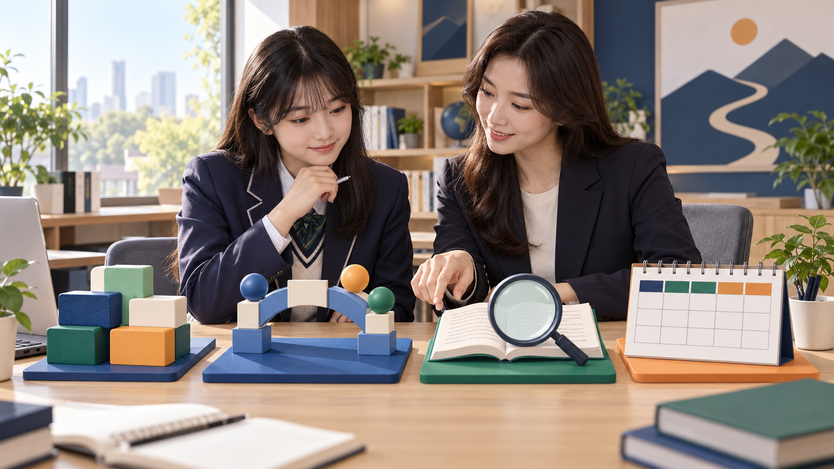 고3 학생과 지도자가 어휘 블록·문장 구조 다리·근거 돋보기·빈 주간표를 함께 살피며 연합반 참여 전 영어 진단을 진행하는 창작 학습 장면
