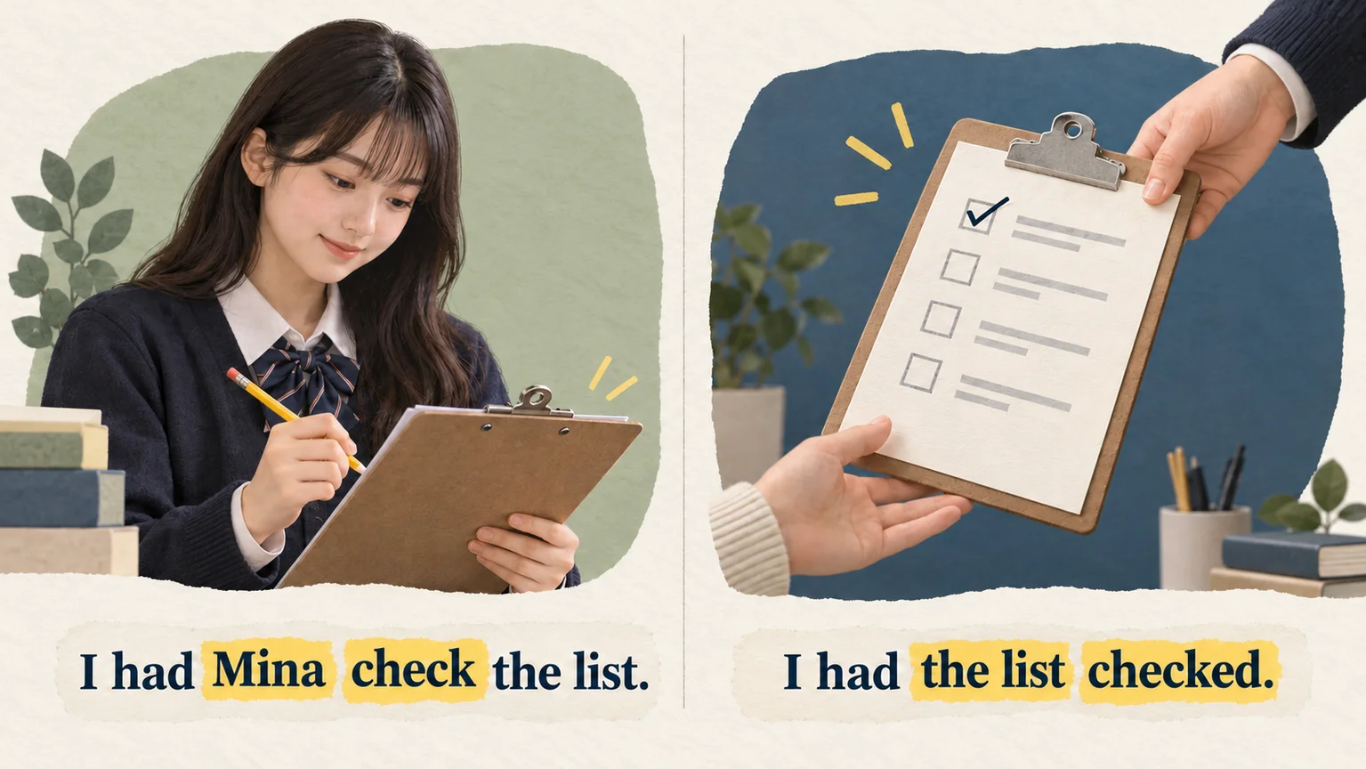 I had Mina check the list는 사람이 확인하는 능동 관계, I had the list checked는 목록이 확인되는 수동 관계를 비교하는 창작 그림