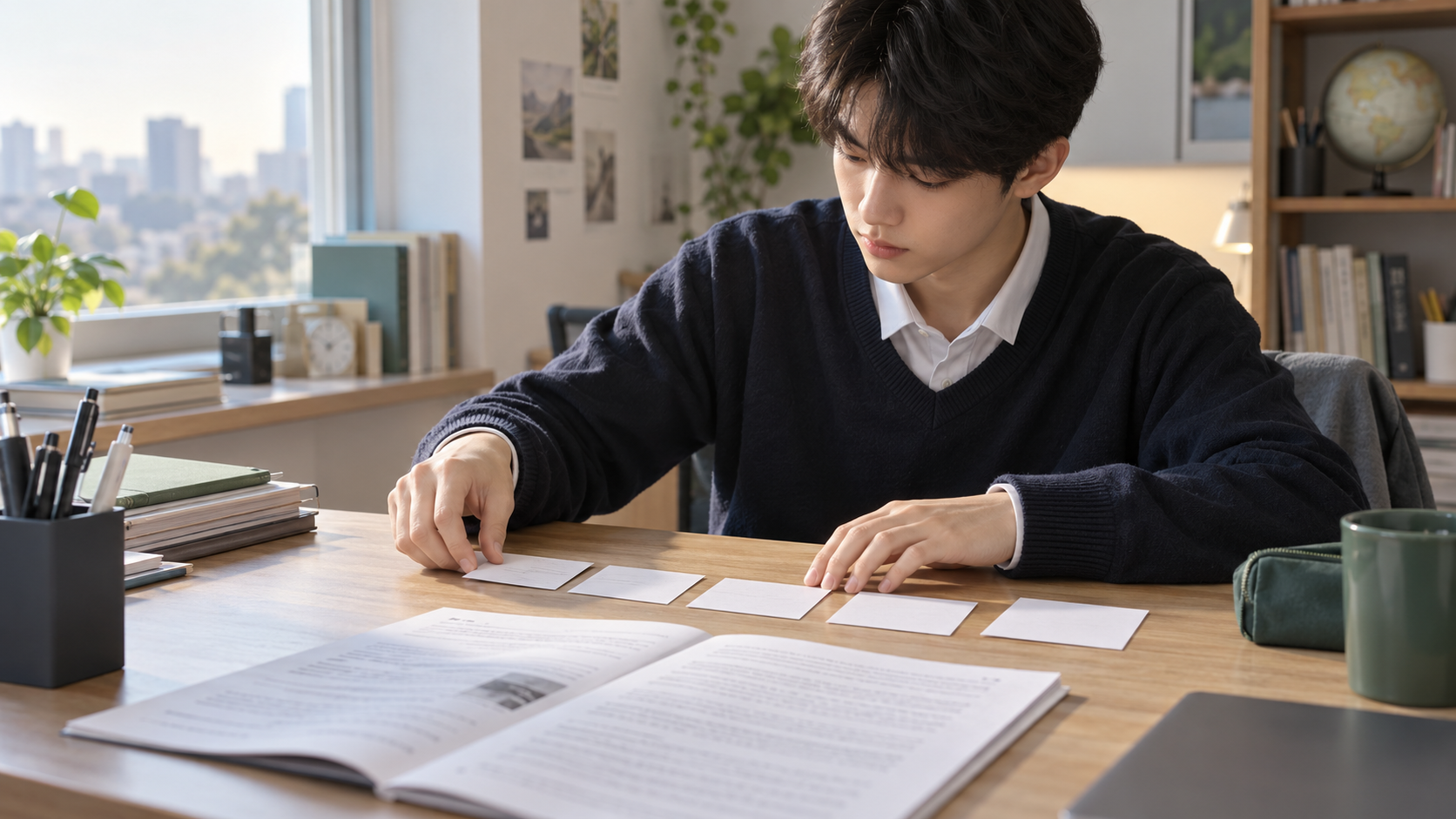 고등학생이 영어 빈칸 문제의 다섯 선택지를 논리 방향, 주장 강도, 적용 범위로 나누어 검토하는 창작 학습 장면