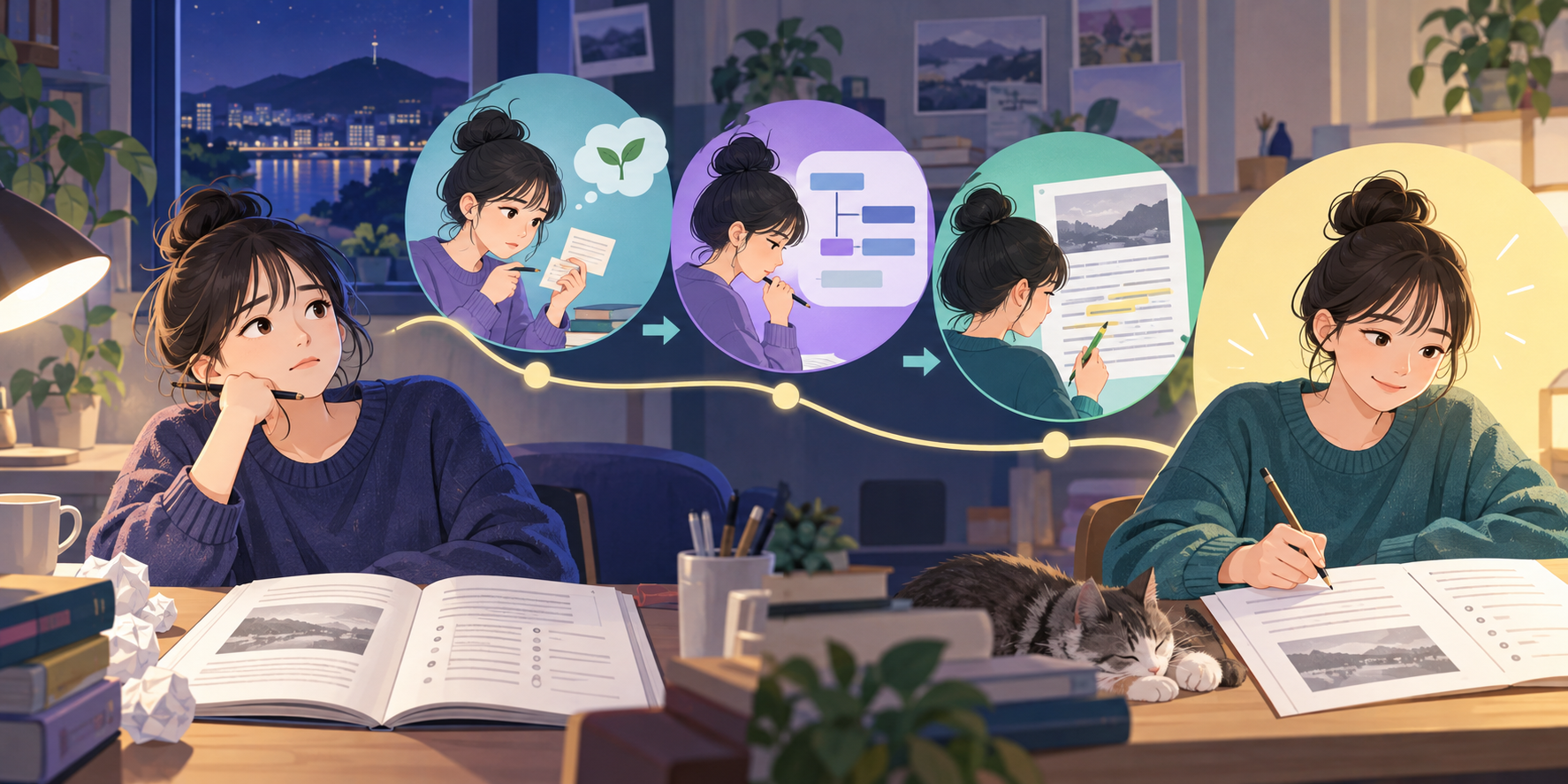 고3 학생이 수능 영어 오답을 단어 회상·문장 구조·지문 근거의 세 단계로 진단한 뒤 변형 문제를 다시 푸는 창작 학습 장면